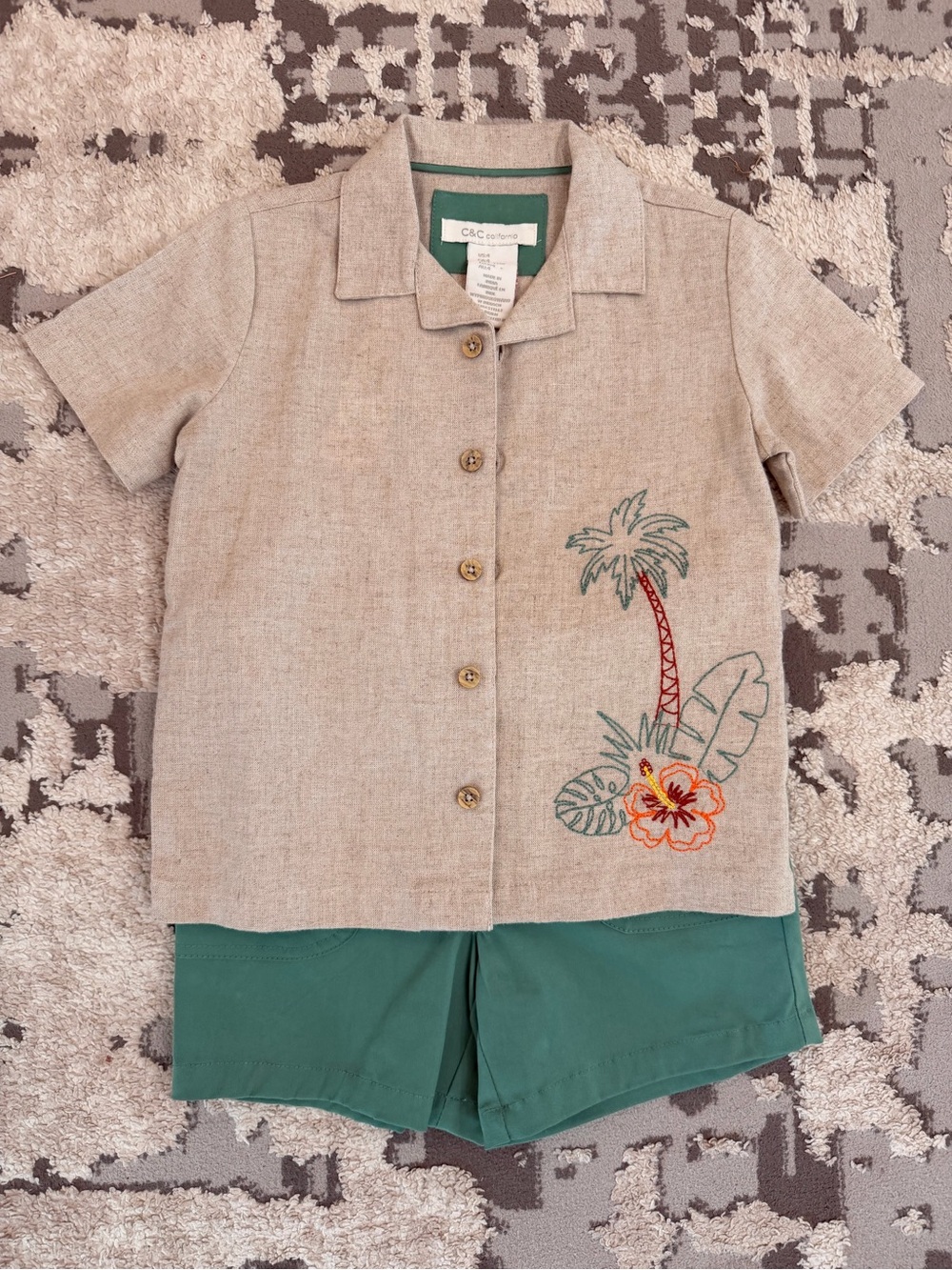 C&C California Beige Short-Sleeve Button-Up with Tropical Embroidery